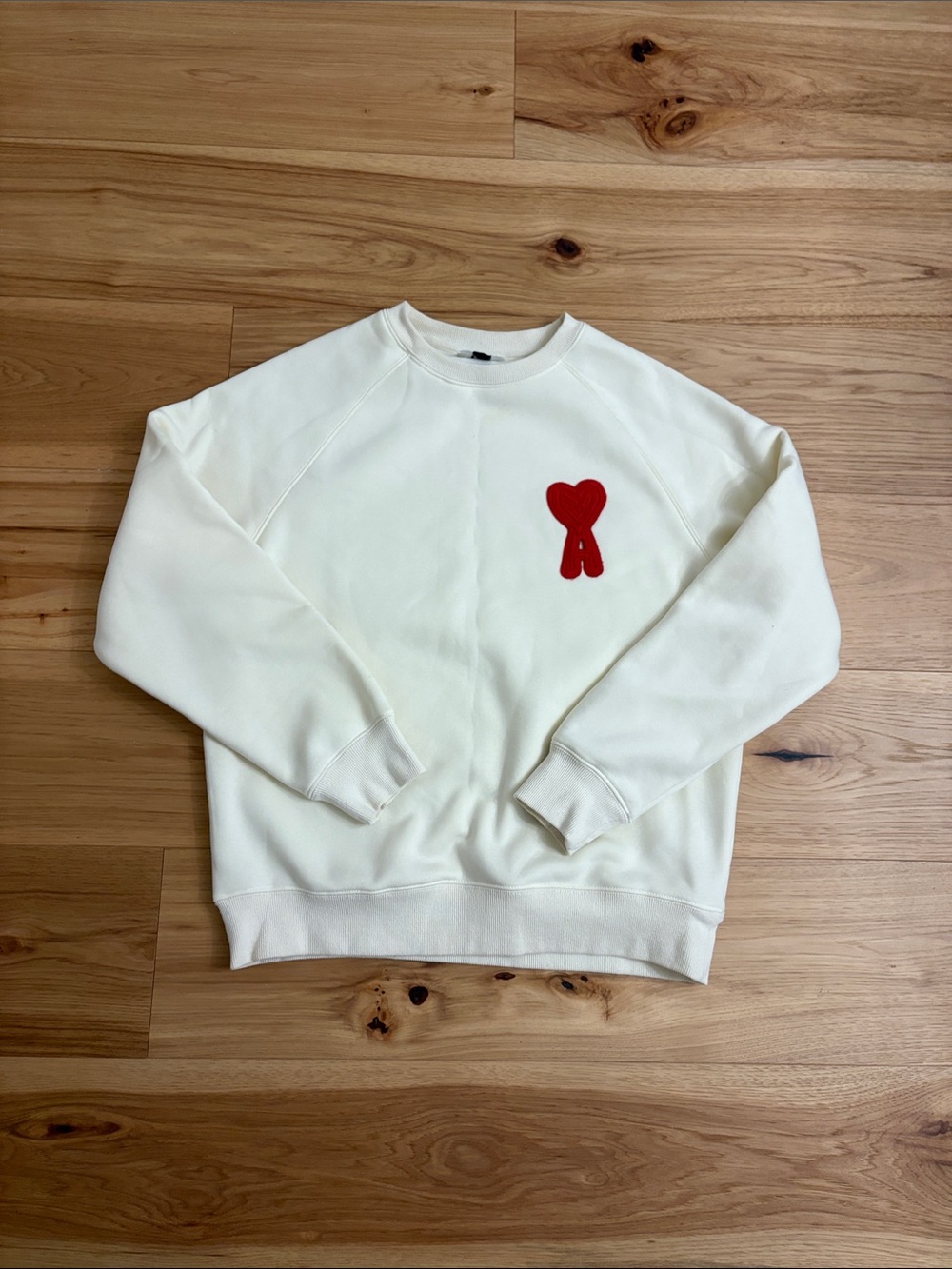 Ami Cream Crewneck Sweatshirt with Red Heart Patch